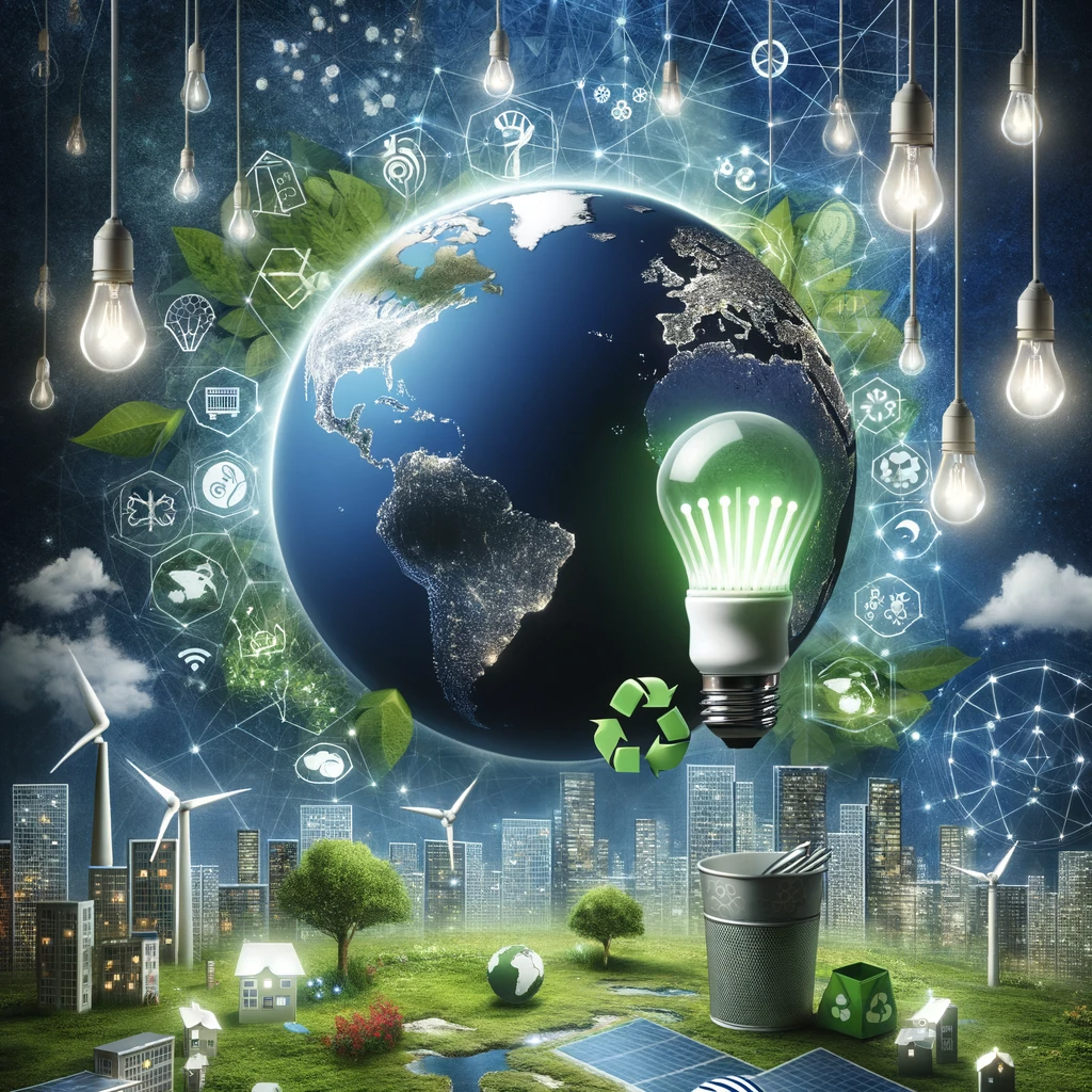A conceptual illustration depicting the relationship between smart bulbs and sustainable development. The image should include a globe with green area