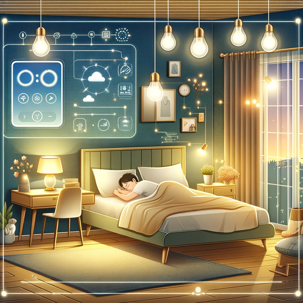 A peaceful bedroom scene depicting the benefits of smart lighting on sleep quality. The illustration should show a comfortable, modern bedroom with sm