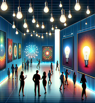 A modern art gallery illuminated by smart bulbs, showcasing a variety of artworks. The illustration should feature an immersive and dynamic lighting s