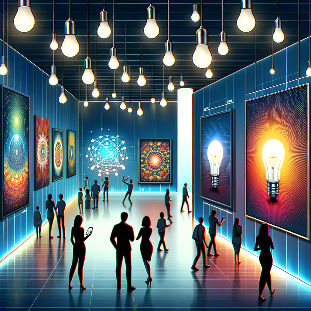  A modern art gallery illuminated by smart bulbs, showcasing a variety of artworks. The illustration should feature an immersive and dynamic lighting s